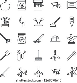 Thin Line Icon Set - fence vector, farm fork, rake, wheelbarrow, well, hoe, sickle, plant label, pumpkin, greenhouse, garden sprayer, fertilizer, windmill, irrigation