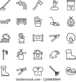 Thin Line Icon Set - fence vector, flower in pot, rake, tree, watering, sproute, pruner, glove, boot, lawn mower, butterfly, lady bug, house, hose, hoe, axe, bench, garden light, seeds, caterpillar