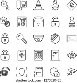 Thin Line Icon Set - fence vector, stamp, border cone, lock, hose, shield, flammable, sd, face id, eye, key, estate insurance, vip zone, home control, intercome, protect, combination, pass card