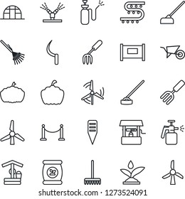 Thin Line Icon Set - fence vector, garden fork, rake, wheelbarrow, well, hoe, sickle, plant label, pumpkin, greenhouse, sprayer, fertilizer, drip irrigation, windmill