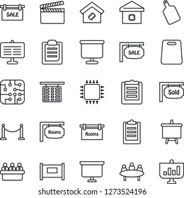 Thin Line Icon Set - fence vector, flight table, presentation board, meeting, clipboard, clapboard, sale, rooms, sold signboard, smart home, cutting, chip