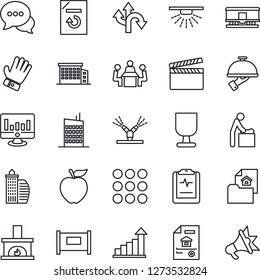 Thin Line Icon Set - fence vector, baby room, growth statistic, monitor, document reload, glove, pulse clipboard, route, fragile, railroad, clapboard, dialog, menu, meeting, estate, office building
