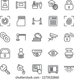 Thin Line Icon Set - fence vector, barrier, passport control, stamp, safe, hose, chain, sd, lock, eye id, identity card, key, estate insurance, home, fingerprint, wireless, app, combination
