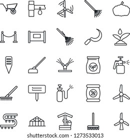 Thin Line Icon Set - fence vector, rake, wheelbarrow, well, hoe, sickle, plant label, pumpkin, greenhouse, garden sprayer, fertilizer, drip irrigation, windmill
