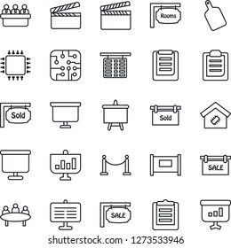 Thin Line Icon Set - fence vector, flight table, presentation board, meeting, clipboard, clapboard, sale, rooms, sold signboard, smart home, cutting, chip