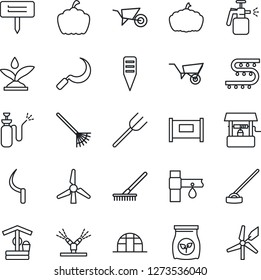 Thin Line Icon Set - fence vector, farm fork, rake, wheelbarrow, well, hoe, sickle, plant label, pumpkin, greenhouse, garden sprayer, fertilizer, drip irrigation, windmill