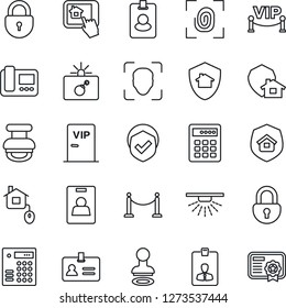 Thin Line Icon Set - fence vector, bomb in case, identity, stamp, lock, card, shield, face id, estate insurance, vip zone, home control, fingerprint, intercome, app, protect, combination, pass