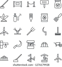Thin Line Icon Set - fence vector, garden fork, farm, rake, wheelbarrow, well, hoe, sickle, plant label, greenhouse, sprayer, fertilizer, drip irrigation, windmill