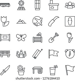 Thin Line Icon Set - fence vector, suitcase, airport bus, male, desk, flower in pot, shovel, butterfly, garden knife, bench, fireplace, plane, tulip, alarm, meeting, sun panel, mountains, drink