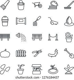 Thin Line Icon Set - fence vector, job, flower in pot, garden fork, rake, seedling, wheelbarrow, bucket, watering, pruner, saw, lawn mower, water drop, well, hose, bench, pumpkin, seeds, caterpillar