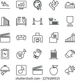 Thin Line Icon Set - fence vector, arrival, baggage conveyor, plane globe, airport building, office, growth statistic, monitor, glove, blood test vial, pulse clipboard, route, fragile, clapboard