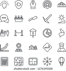 Thin Line Icon Set - fence vector, passport control, smoking place, hierarchy, circle chart, greenhouse, bird house, stomach, dialog, brightness, ink pen, meeting, with tree, sun panel, plan, cook