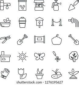 Thin Line Icon Set - fence vector, job, trowel, shovel, seedling, tree, bucket, watering, pruner, glove, butterfly, sun, well, pumpkin, fireplace, seeds, pond, bird house, garden sprayer, ripper