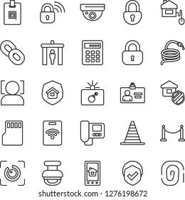 Thin Line Icon Set - fence vector, security gate, bomb in case, border cone, identity card, hose, shield, chain, sd, lock, face id, eye, stamp, estate insurance, home control, wireless, intercome