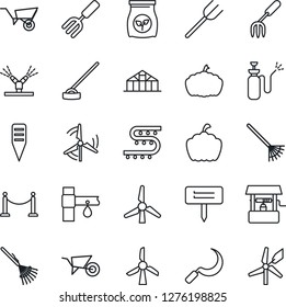 Thin Line Icon Set - fence vector, garden fork, farm, rake, wheelbarrow, well, hoe, sickle, plant label, pumpkin, greenhouse, sprayer, fertilizer, drip irrigation, windmill