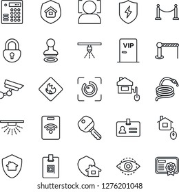 Thin Line Icon Set - fence vector, barrier, identity, stamp, hose, flammable, protect, lock, face id, eye, card, key, estate insurance, vip zone, home control, combination, pass, surveillance