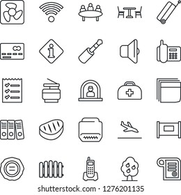 Thin Line Icon Set - fence vector, suitcase, arrival, cafe, credit card, reception, meeting, stamp, doctor case, office phone, hdmi, jack connector, blank box, checklist, paper binder, copier, steak