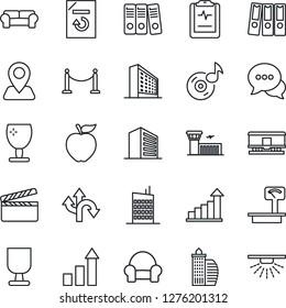 Thin Line Icon Set - fence vector, airport building, office, growth statistic, document reload, pulse clipboard, route, navigation, fragile, heavy scales, railroad, clapboard, dialog, music