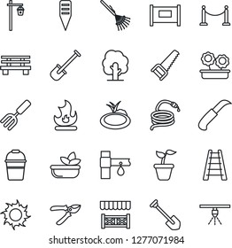 Thin Line Icon Set - fence vector, job, garden fork, shovel, rake, ladder, seedling, tree, bucket, pruner, saw, fire, sun, hose, knife, plant label, bench, light, pond, drip irrigation, salad