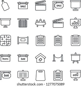 Thin Line Icon Set - fence vector, flight table, presentation board, meeting, clipboard, clapboard, sale, rooms, sold signboard, smart home, cutting, chip