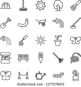 Thin Line Icon Set - fence vector, garden fork, shovel, rake, seedling, tree, watering can, wheelbarrow, butterfly, sun, well, hose, hoe, plant label, bench, greenhouse, caterpillar, flower in pot