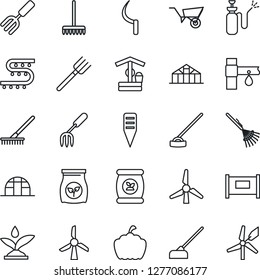 Thin Line Icon Set - fence vector, garden fork, farm, rake, wheelbarrow, well, hoe, sickle, plant label, pumpkin, greenhouse, sprayer, fertilizer, drip irrigation, windmill