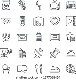 Thin Line Icon Set - fence vector, baggage conveyor, spoon and fork, tv, reception bell, drawing pin, flower in pot, sickle, fertilizer, heart, term, satellite antenna, finger down, favorites list