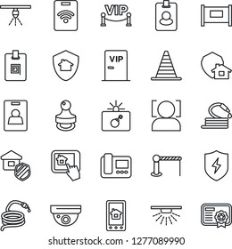 Thin Line Icon Set - fence vector, barrier, bomb in case, border cone, hose, protect, face id, identity card, stamp, estate insurance, vip zone, intercome, home control app, pass, surveillance