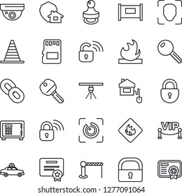 Thin Line Icon Set - fence vector, barrier, alarm car, border cone, safe, lock, flammable, chain, sd, face id, eye, stamp, key, vip zone, home control, wireless, protect, surveillance, sprinkler