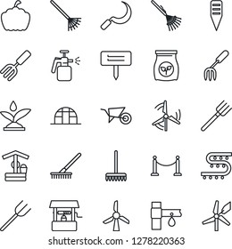 Thin Line Icon Set - fence vector, garden fork, farm, rake, wheelbarrow, well, sickle, plant label, pumpkin, greenhouse, sprayer, fertilizer, drip irrigation, windmill