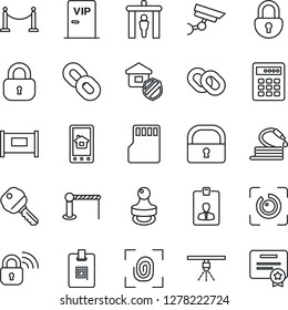 Thin Line Icon Set - fence vector, barrier, security gate, identity card, hose, chain, sd, lock, eye id, stamp, key, estate insurance, vip zone, fingerprint, wireless, home control app, combination