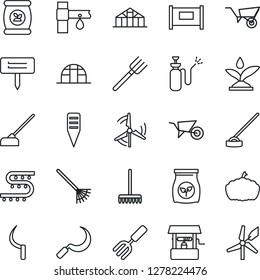 Thin Line Icon Set - fence vector, garden fork, farm, rake, wheelbarrow, well, hoe, sickle, plant label, pumpkin, greenhouse, sprayer, fertilizer, drip irrigation, windmill