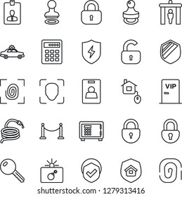 Thin Line Icon Set - fence vector, security gate, alarm car, bomb in case, stamp, safe, lock, identity card, hose, shield, protect, face id, key, estate insurance, vip zone, home control