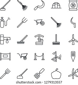 Thin Line Icon Set - fence vector, garden fork, farm, rake, wheelbarrow, well, hoe, sickle, plant label, pumpkin, greenhouse, sprayer, fertilizer, drip irrigation, windmill