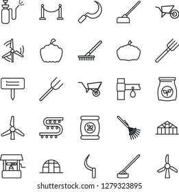 Thin Line Icon Set - fence vector, farm fork, rake, wheelbarrow, well, hoe, sickle, plant label, pumpkin, greenhouse, garden sprayer, fertilizer, drip irrigation, windmill