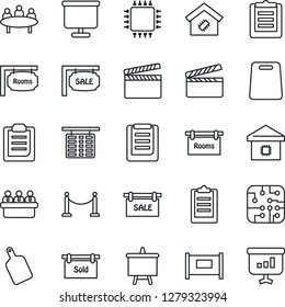 Thin Line Icon Set - fence vector, flight table, presentation board, meeting, clipboard, clapboard, sale, rooms, sold signboard, smart home, cutting, chip