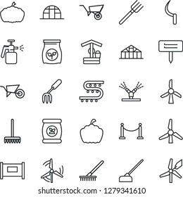 Thin Line Icon Set - fence vector, garden fork, farm, rake, wheelbarrow, well, hoe, sickle, plant label, pumpkin, greenhouse, sprayer, fertilizer, drip irrigation, windmill