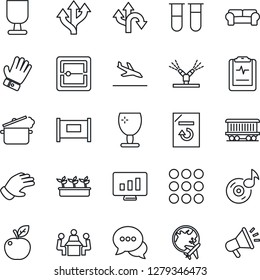 Thin Line Icon Set - fence vector, arrival, plane globe, statistic monitor, document reload, glove, seedling, blood test vial, pulse clipboard, route, railroad, fragile, dialog, menu, scanner, music