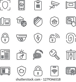 Thin Line Icon Set - fence vector, security gate, bomb in case, safe, lock, hose, shield, protect, face id, identity card, key, estate insurance, wireless, intercome, home control app, combination