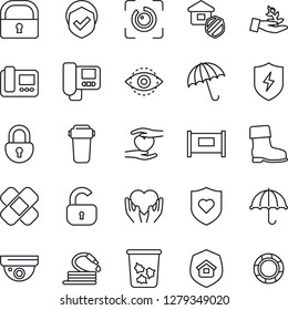 Thin Line Icon Set - fence vector, umbrella, trash bin, boot, hose, patch, heart shield, hand, protect, lock, eye id, estate insurance, intercome, water filter, surveillance, palm sproute