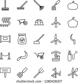 Thin Line Icon Set - fence vector, garden fork, farm, rake, wheelbarrow, well, hoe, sickle, plant label, pumpkin, greenhouse, sprayer, fertilizer, drip irrigation, windmill