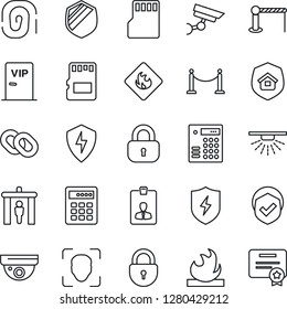 Thin Line Icon Set - fence vector, barrier, security gate, lock, identity card, shield, flammable, chain, protect, sd, face id, estate insurance, vip zone, combination, surveillance, sprinkler
