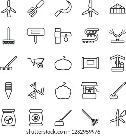 Thin Line Icon Set - fence vector, garden fork, rake, wheelbarrow, well, hoe, sickle, plant label, pumpkin, greenhouse, fertilizer, drip irrigation, windmill