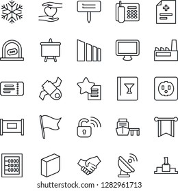 Thin Line Icon Set - fence vector, ticket, office, presentation board, plant label, diagnosis, heart hand, satellite, sea port, sorting, antenna, monitor, favorites list, abacus, phone, blank box