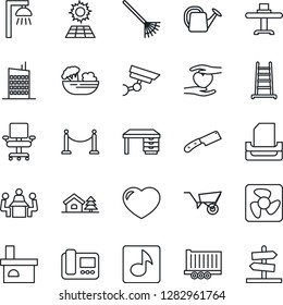 Thin Line Icon Set - fence vector, desk, rake, ladder, watering can, wheelbarrow, fireplace, heart hand, truck trailer, music, office chair, meeting, paper tray, house with tree, sun panel, city