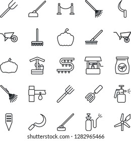 Thin Line Icon Set - fence vector, garden fork, farm, rake, wheelbarrow, well, hoe, sickle, plant label, pumpkin, sprayer, fertilizer, drip irrigation, windmill