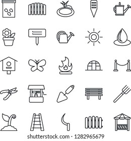 Thin Line Icon Set - fence vector, flower in pot, trowel, farm fork, ladder, watering can, sproute, pruner, butterfly, fire, water drop, sun, well, sickle, plant label, bench, greenhouse, seeds