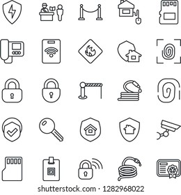 Thin Line Icon Set - fence vector, barrier, passport control, lock, hose, shield, flammable, protect, sd, identity card, key, estate insurance, home, fingerprint, wireless, intercome, pass