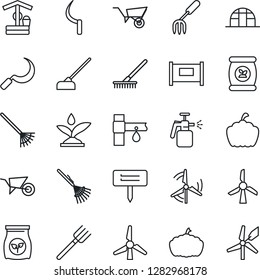 Thin Line Icon Set - fence vector, garden fork, farm, rake, wheelbarrow, well, hoe, sickle, plant label, pumpkin, greenhouse, sprayer, fertilizer, drip irrigation, windmill