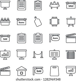 Thin Line Icon Set - fence vector, flight table, presentation board, meeting, clipboard, clapboard, sale, rooms, sold signboard, smart home, cutting, chip